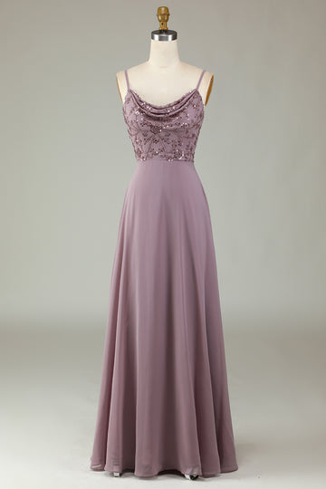 Spaghetti Straps Beaded Dusty Pink Bridesmaid Dress